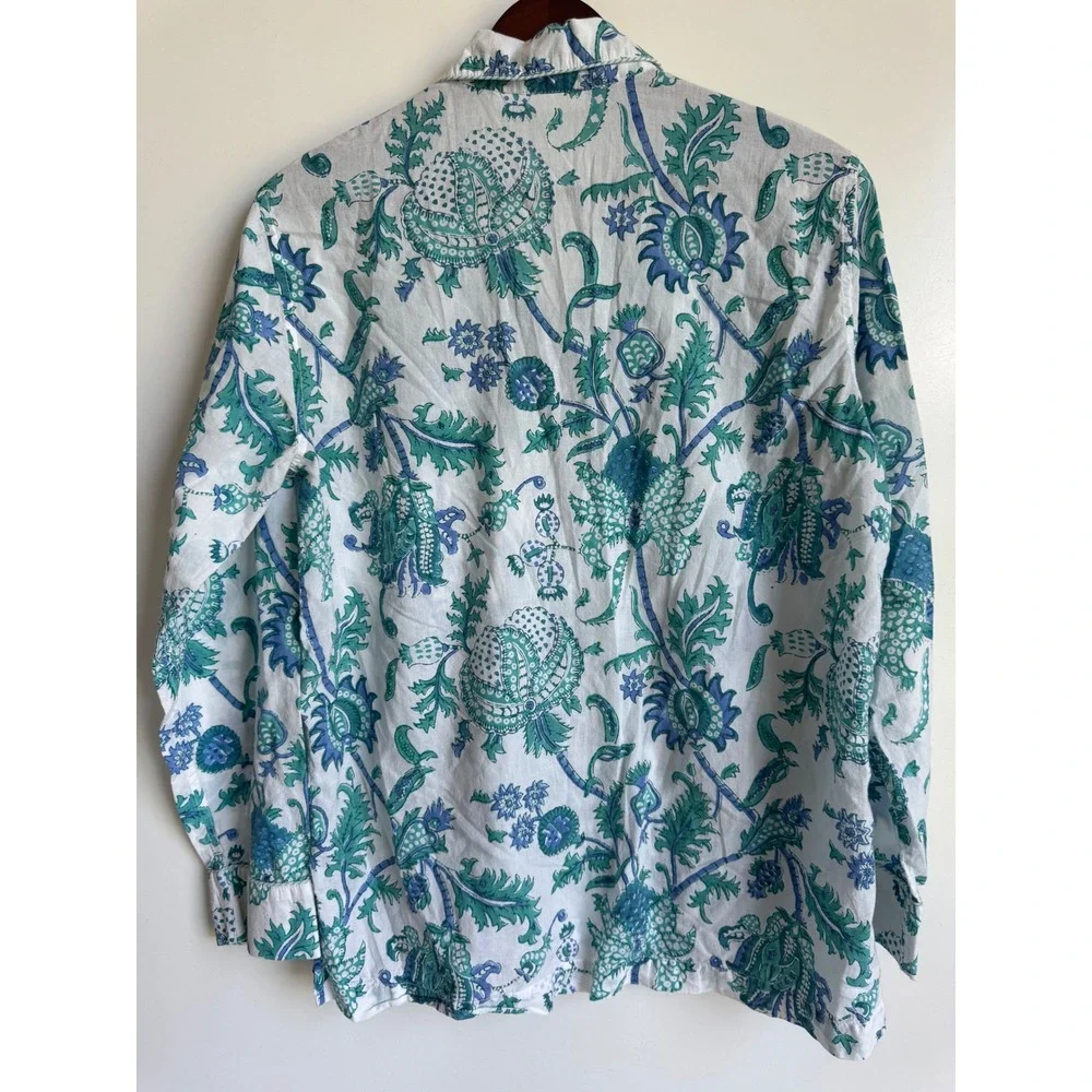 Roller Rabbit Blue Green Block Print Floral Cotton Pajama Top M Boho Prep pocket